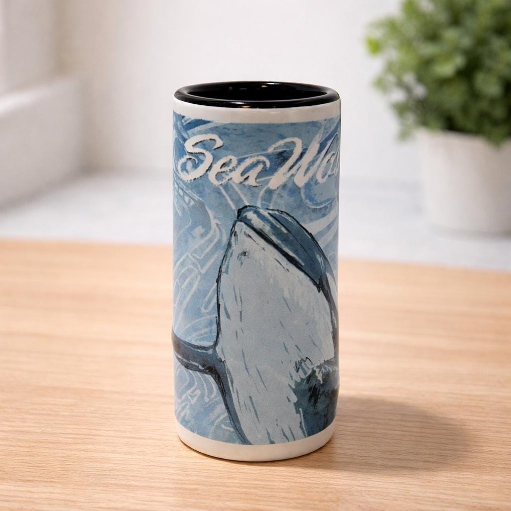 Vintage SeaWorld Orca Whale Shot Glass Blue Ceramic Relief